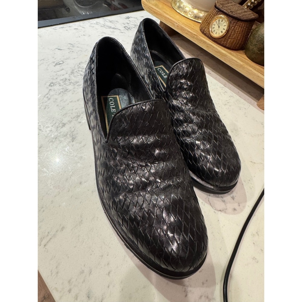 VTG Cole Haan Womens Black Woven Leather Loafers Size 6.5 B F3034 Made in Brazil
